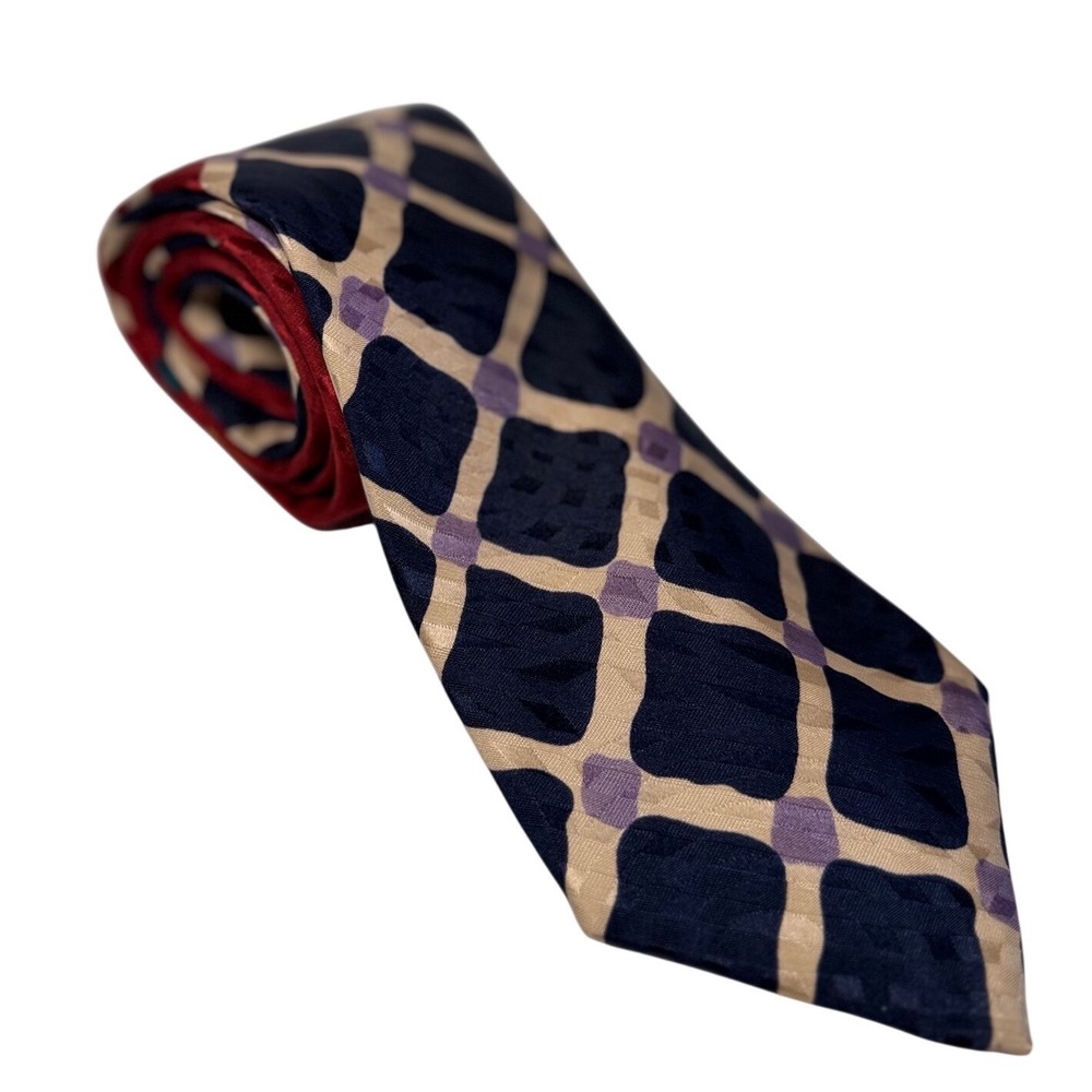 Rene Lezard Mens 100%‎ Silk Geometric Tie Navy Beige Purple Made in Italy Office
